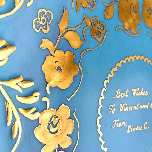 Hand Painted Vintage Cake Plate Handles Blue and Gold - Picture 2 of 10